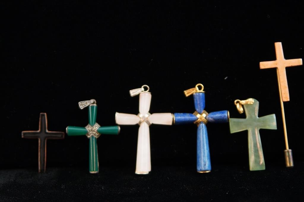 Jade & jadeite, lapis cross pendants & stickpins: Unusual Antique Malachite, Marcasite and Sterling plus more - 6 pcs