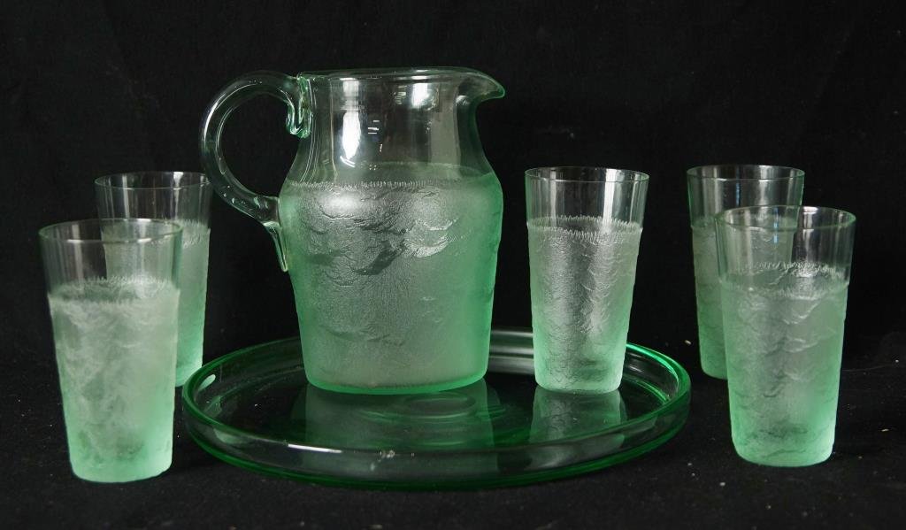Vtg Daum Nancy France "crushed ice" lemonade set: 7pc Pitcher, tray & 5 glasses Acid Etched marked Daum Nancy France bottom