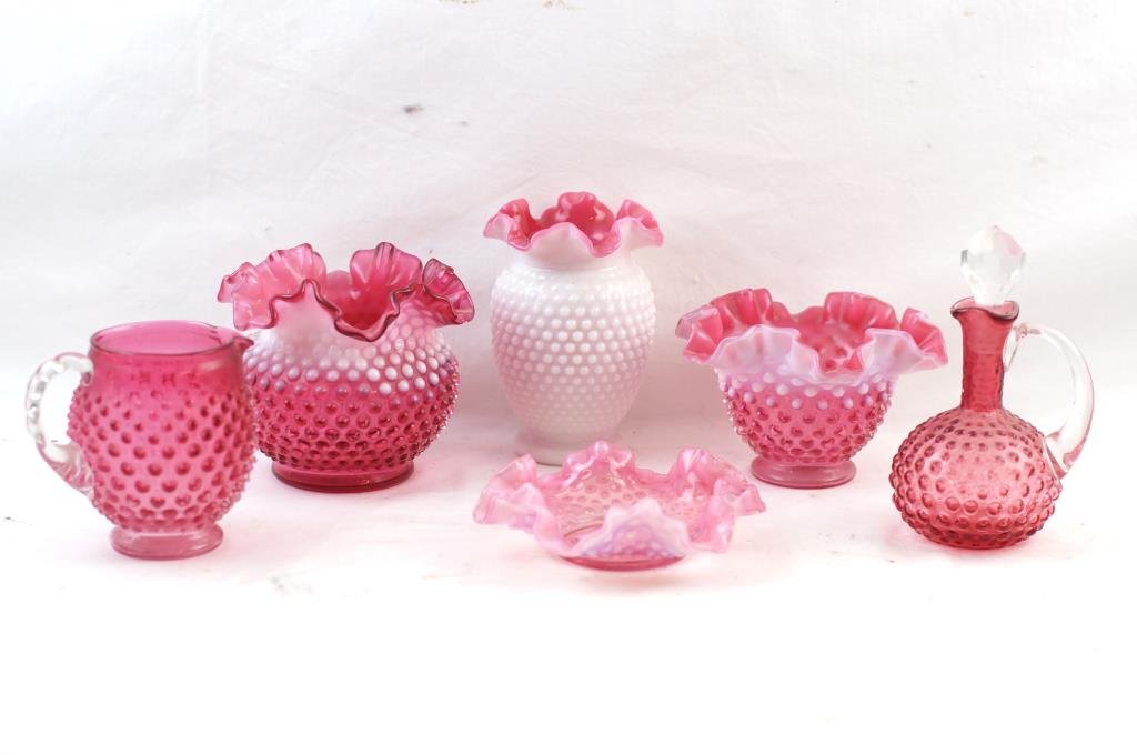 Hobnail Fenton ruffled baskets & vases: collection - approx 6 pcs