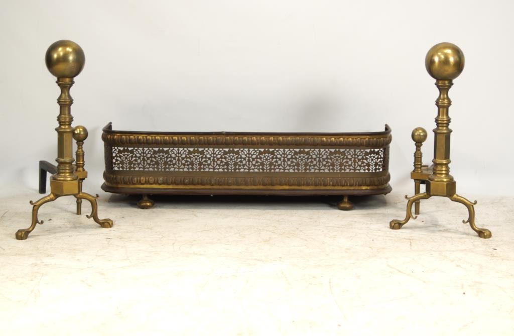 Pair of heavy brass claw foot andirons & fender: fancy reticulated brass fending and a pair of fine brass andirons - antique 3pcs