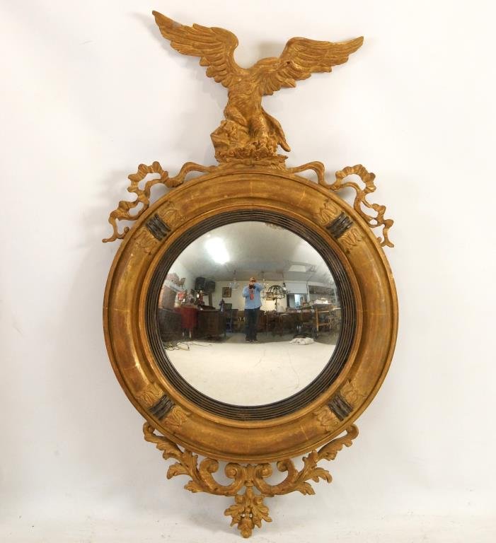 American Round Girandole Convex mirror w Eagle: Measures: 18" Bulls Eye mirror - 47" H x 28" Provenance: Los Angeles Collection