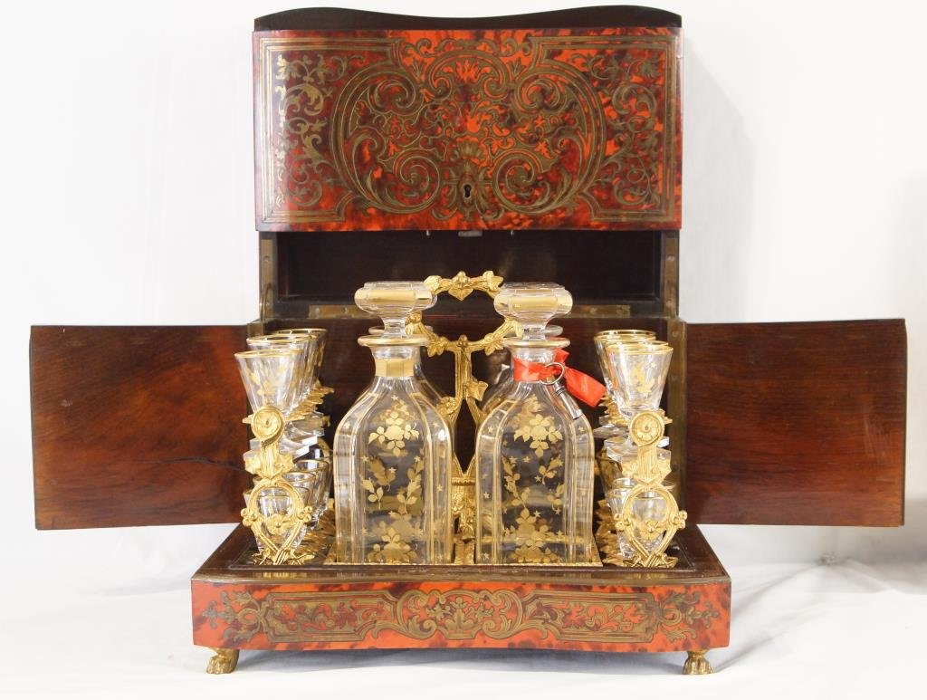 Fine French Boule Tantalus bar box ca mid 1800's: Tortoise painted & Inlaid brass ormolu with lift out tray, 4 decanters, glasses hand cut & decorated w gold overlay - small rim chip on one decanter Prov.: private California Collection