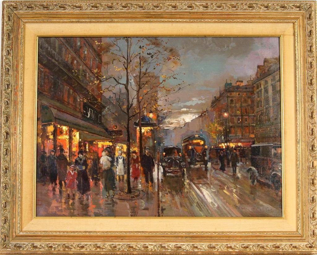 Edouard Cortes (1882-1969) oil on canvas: measures 24"x36" signed lower right "Parisian street scene" Pinhole present Provenance: Los Angeles, Ca collection