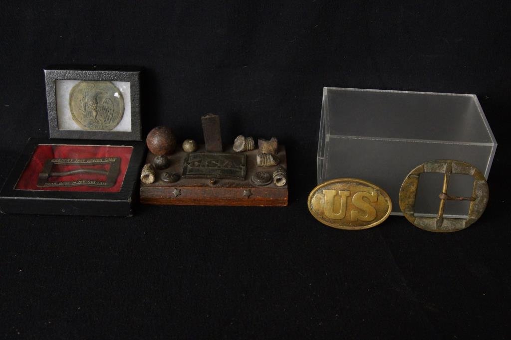 Civil War collectibles: Includes excellent CSA buckle and Confederate presentation, a fine Early Example of the Great Seal of the US, Buckle found in Custer's 1864 Winter Camp near Base of MD. Heights, and more
