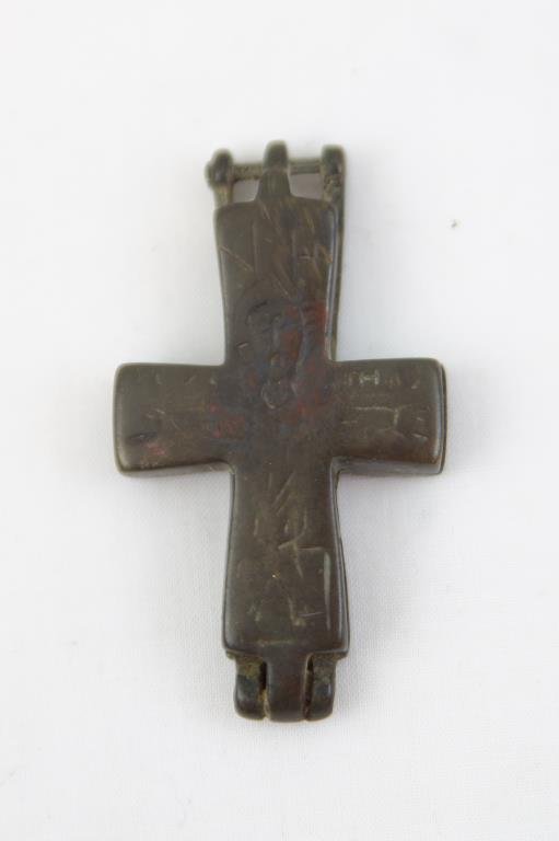 Byzantine Reliquary cross - bronze 700-1200 AD: unique feature - a bar at the top. Bronze casting was rare at the time thus having lasted through the ages. Designs are very worn. Provenance: The Marion Dugan Collection of Antique Crosses