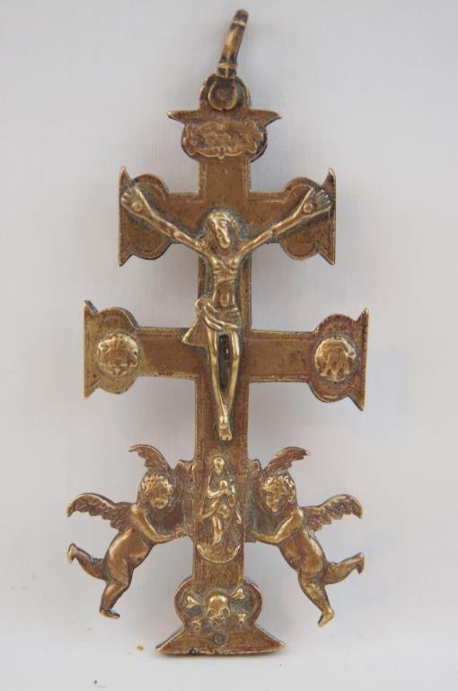 18th Cent Spanish (Seville) bronze Archbishop: Rare large reliquary crucifix w angels, Gilt Bronze, shows age, finely executed 5" x 2" Provenance: The Marion Dugan Collection of Vintage and Antique Crosses