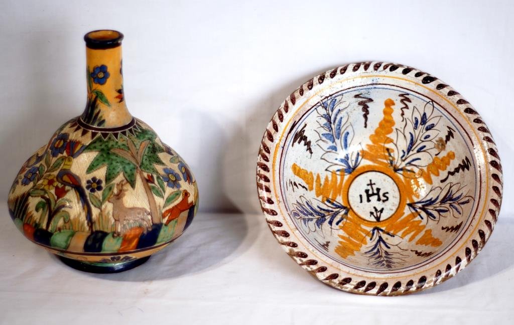 Antique Spanish & Portuguese ceramics: bulbous vase & bowl - 2 pcs (bulbous vase as is)