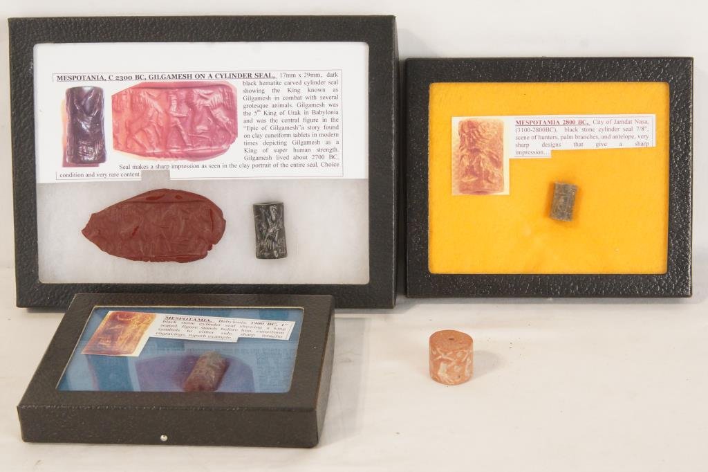 Mesopotamia 2800BC Cylinder Seals 4pcs: High visible relief present, sharp intaglio engravings Provenance The L. Rice Lifetime Collection Los Osos/ Los Angeles