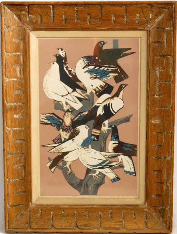 Millard Sheets silkscreen 'Birds of a feather': with Dalzell Hatfield Gallery stamp 52/150 - Title Birds of a Feather measures 20" x12.5"