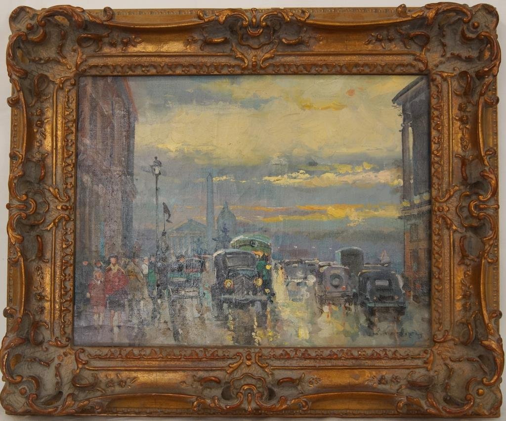 School of Edouard Cortes oil on canvas: School of Edouard Cortes oil on canvas Title: Rue Royale and Place de la Concorde Measures approx 13" x 18" signed lower right City night street scene - includes Vintage gilt frame Provenance: Los Ang