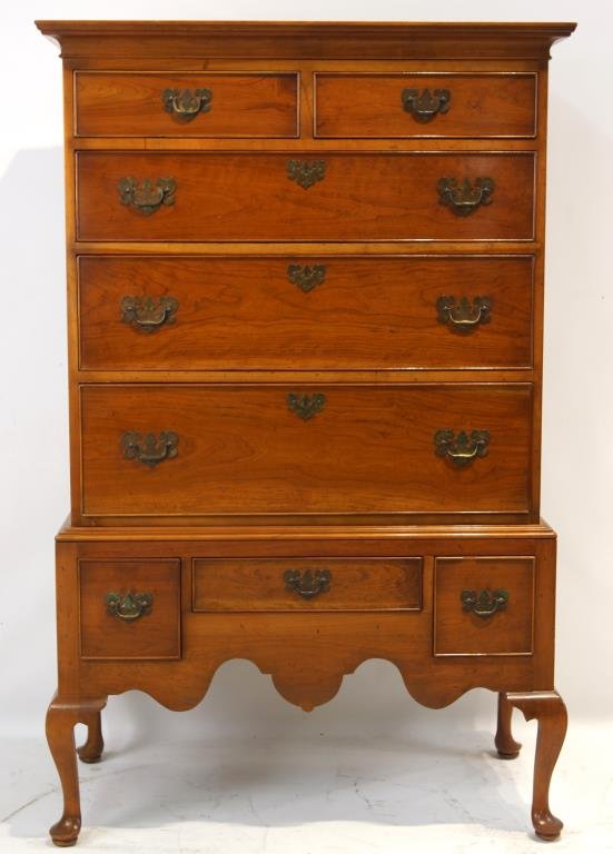 Stickley New England style cherry highboy: fine cherrywood highboy, Queen Ann leg, brass hardware made by Stickley furn. w original tag measures 64" x 40.5" x 20"
