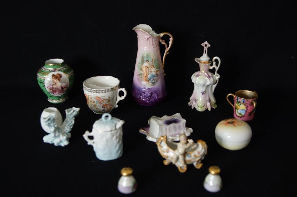 Austria portrait vase, Noritake, German Porcelains: 3 handle toothpick, cruet, mustache cup, salt & pepper - 9pcs (Dresden, RS Germany, etc...