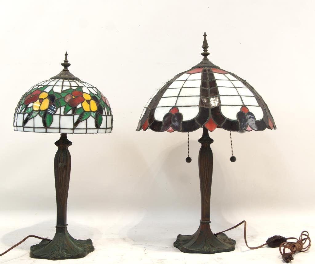 Two Leaded glass lamps: Antique/Vintage bronze bases with leaded glass shades