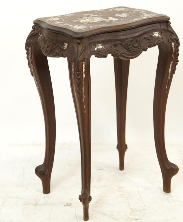 Antique Royal Inlaid French/Vietnam Table: Hardwood carved with elaborate mother of pearl inlays - this piece was displayed at the Vietnamese Palace before the takeover