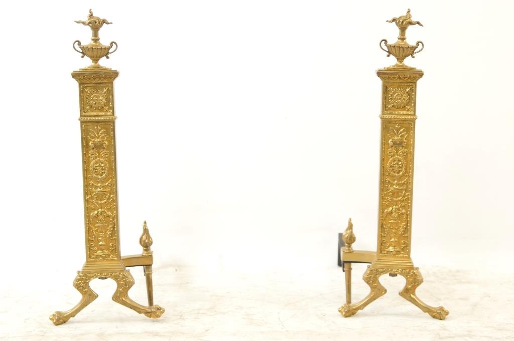 Fancy Bronze andirons: Topped with a decorative burning urn, and elaborate panels