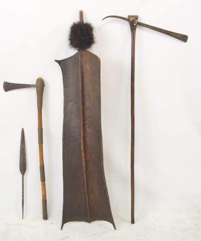 Collection Antique Turkana Africa Axes & Shield: Collection Antique Turkana Africa Axes & Shield two antique handmade axes with iron heads one wrapped in copper to hold the blade. An original iron spearhead AND a Fantastic Ostrich feather toped Thic