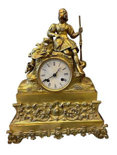 20th Century Antique European Huntsman Figural Mantle Clock In Brass: H?28cm