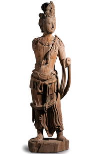 A Carved Wooden Bodhisattva: H:120cm W:35cm