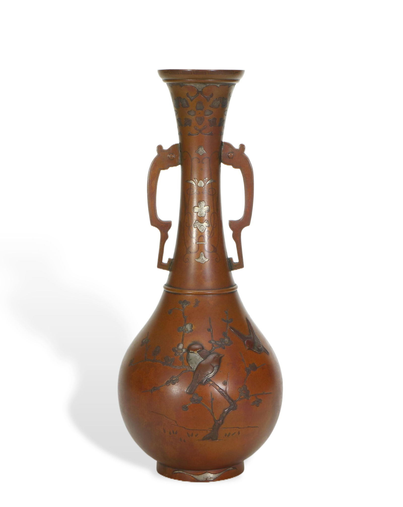 Bronze Vase with Gold and Silver Inlaid Flower and Bird Patterns and Double Ears (1 of 1)