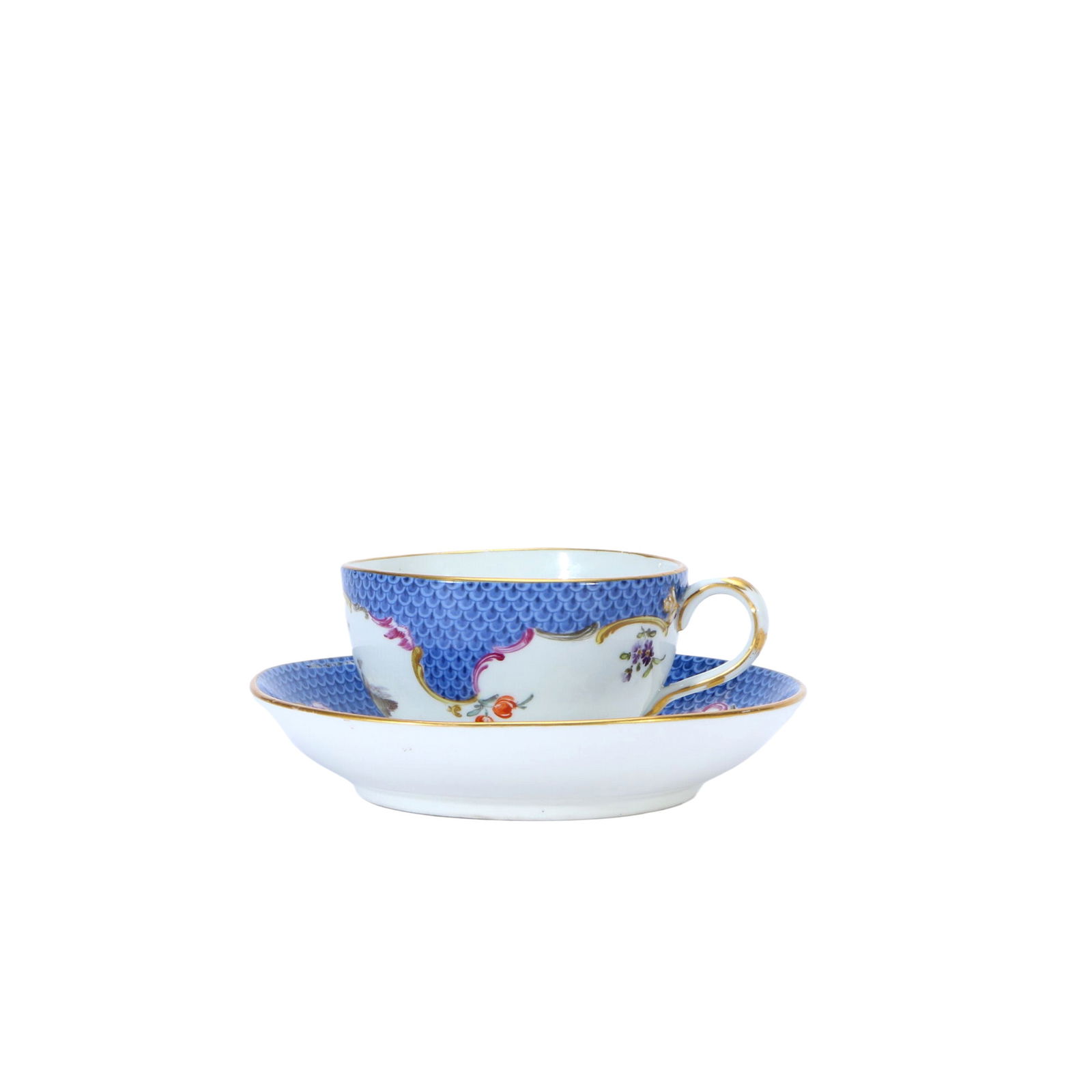 Meissen Blue Fish-Scale Pattern Reserve Floral Cup and Saucer Set (1 of 2)
