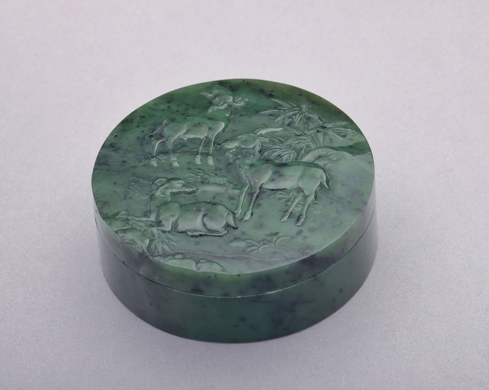 A Three Goats Auspicious Spinach--Green Jade Seal Box, 20th Century (1 of 5)