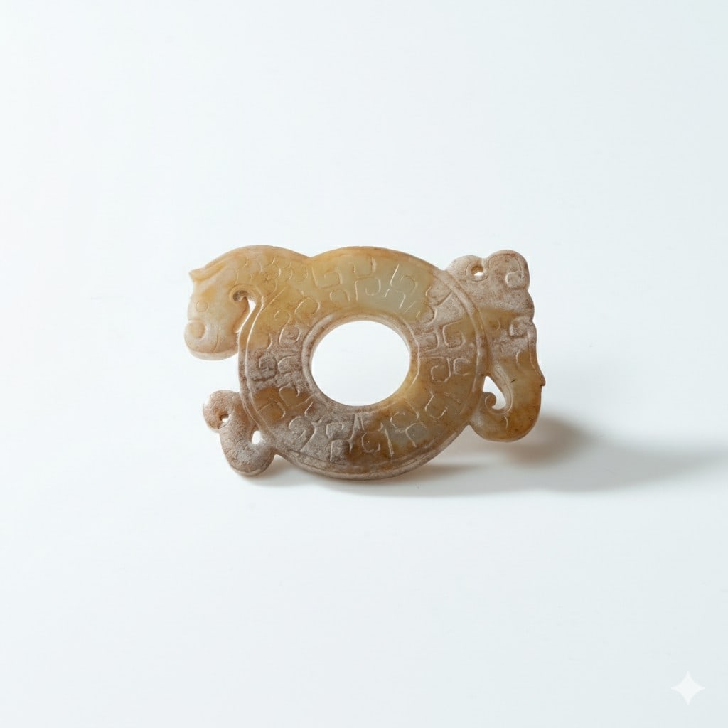 A CELADON AND CALCIFIED JADE 'TWIN DRAGONS' BI-DISC (CHU KUO BI) STYLE OF HAN DYNASTY (1 of 2)