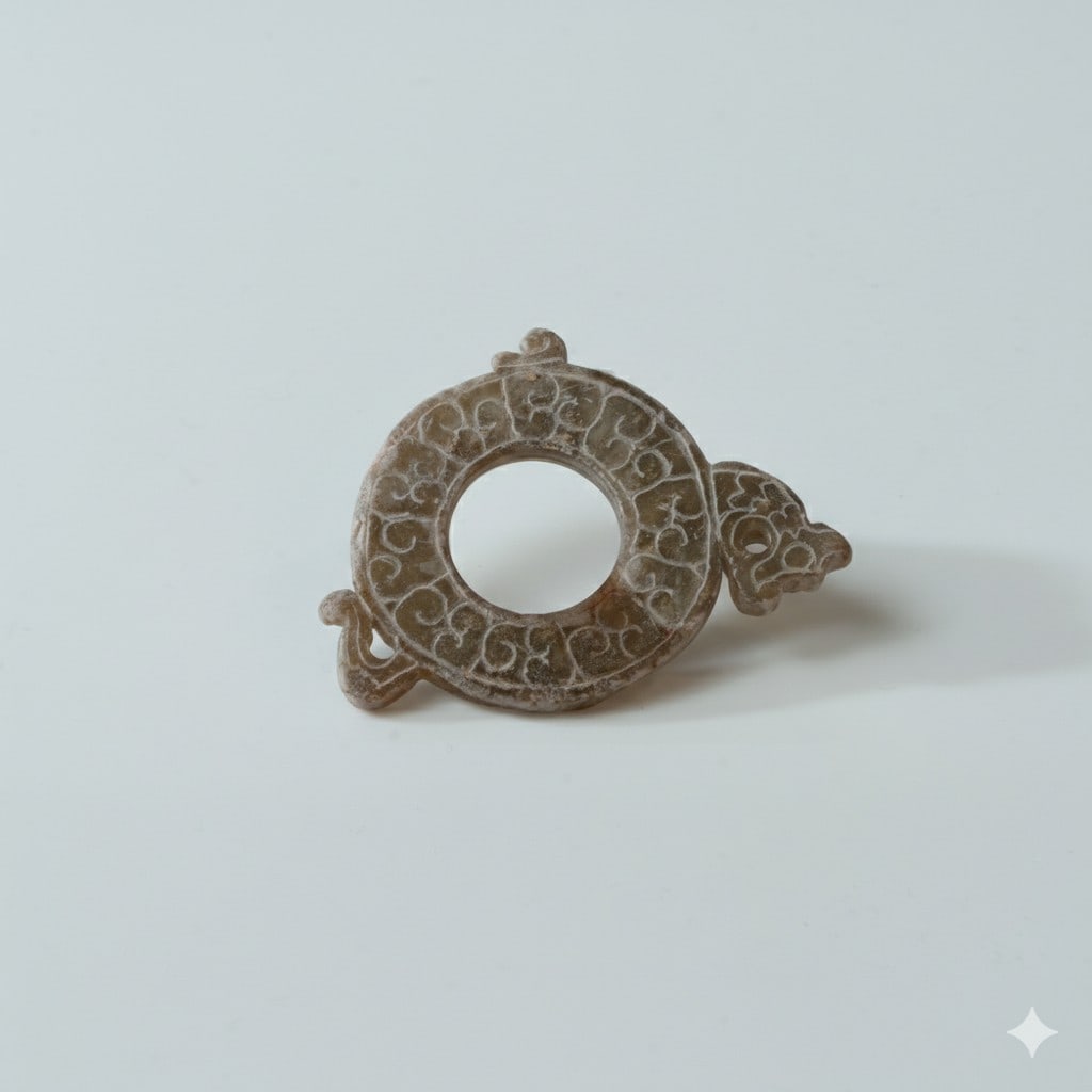 A CELADON AND CALCIFIED JADE 'DRAGON' BI-DISC (CHU KUO BI) STYLE OF HAN DYNASTY: A CELADON AND CALCIFIED JADE 'DRAGON' BI-DISC (CHU KUO BI)STYLE OF HAN DYNASTY汉代风格 青玉带沁龙纹出廓璧MEASUREMENTSL. 4.