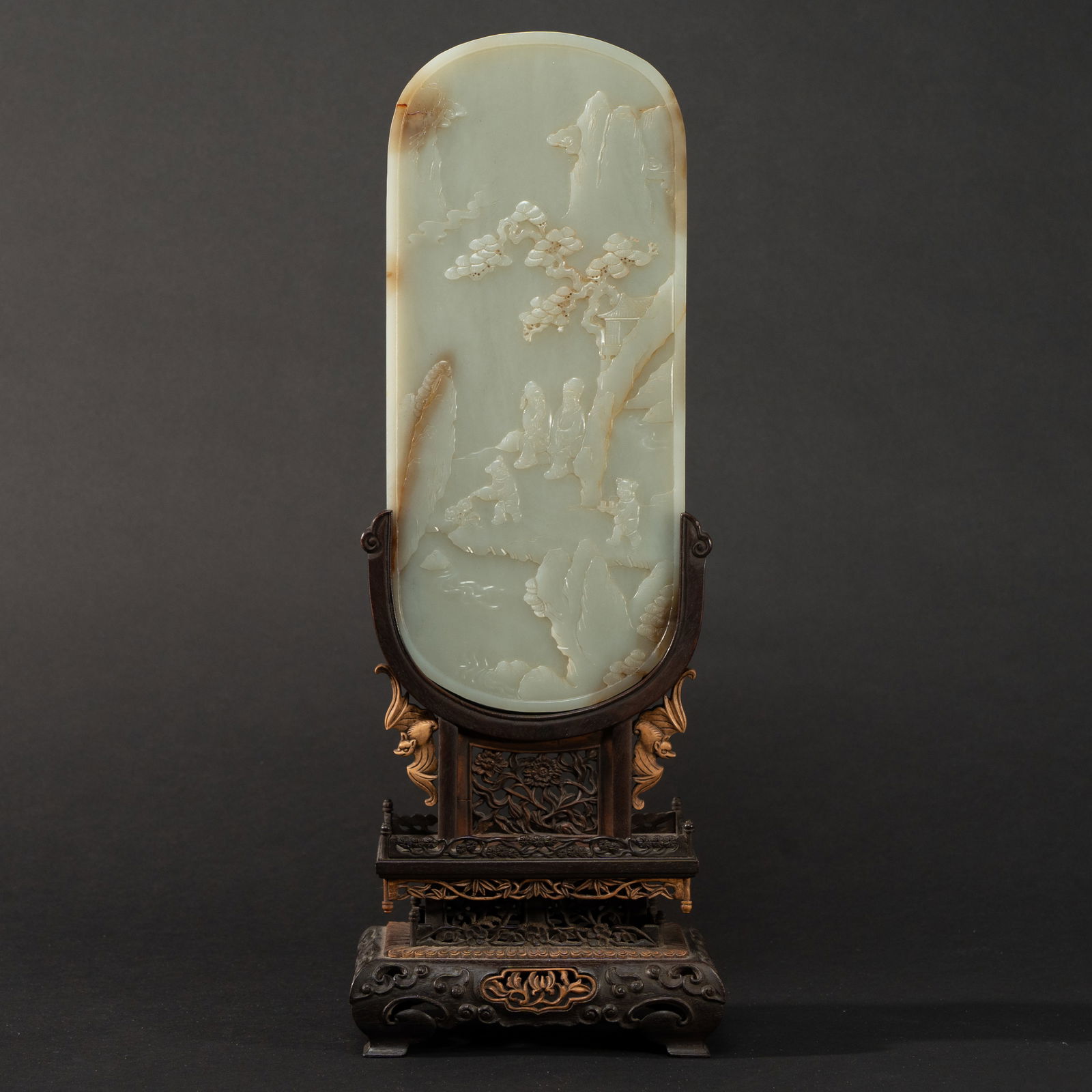 A MAGNIFICENT AND RARE CELADON-WHITE JADE 'CIVIL AND MILITARY' TABLE SCREEN QING DYNASTY (1 of 6)