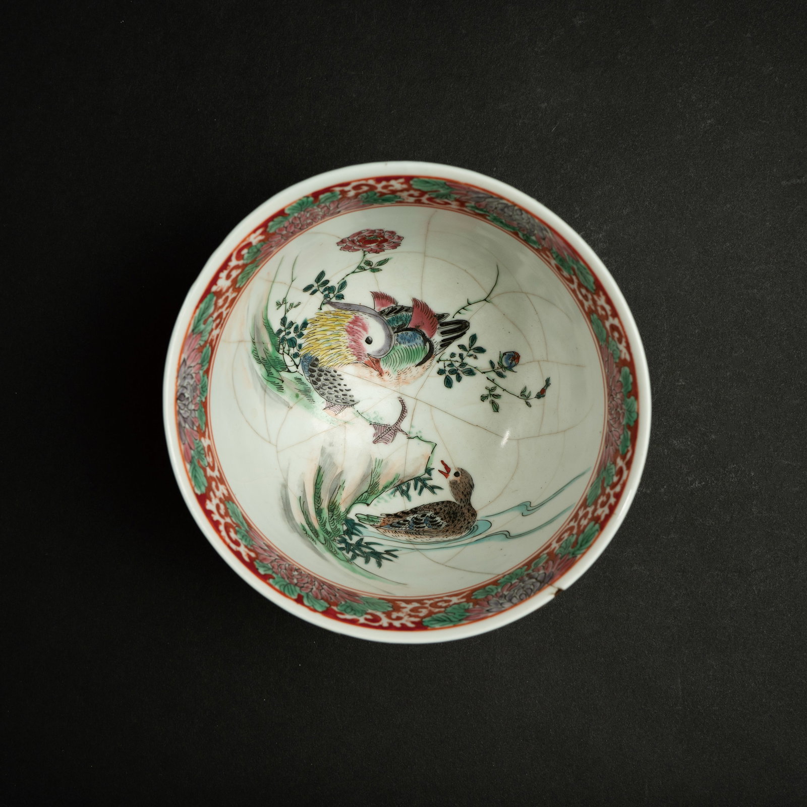 A RARE ENAMEL-PAINTED 'MANDARIN DUCKS' BOWL WITH BAMBOO-WOVEN EXTERIOR KANGXI PERIOD (1662-1722) (1 of 4)