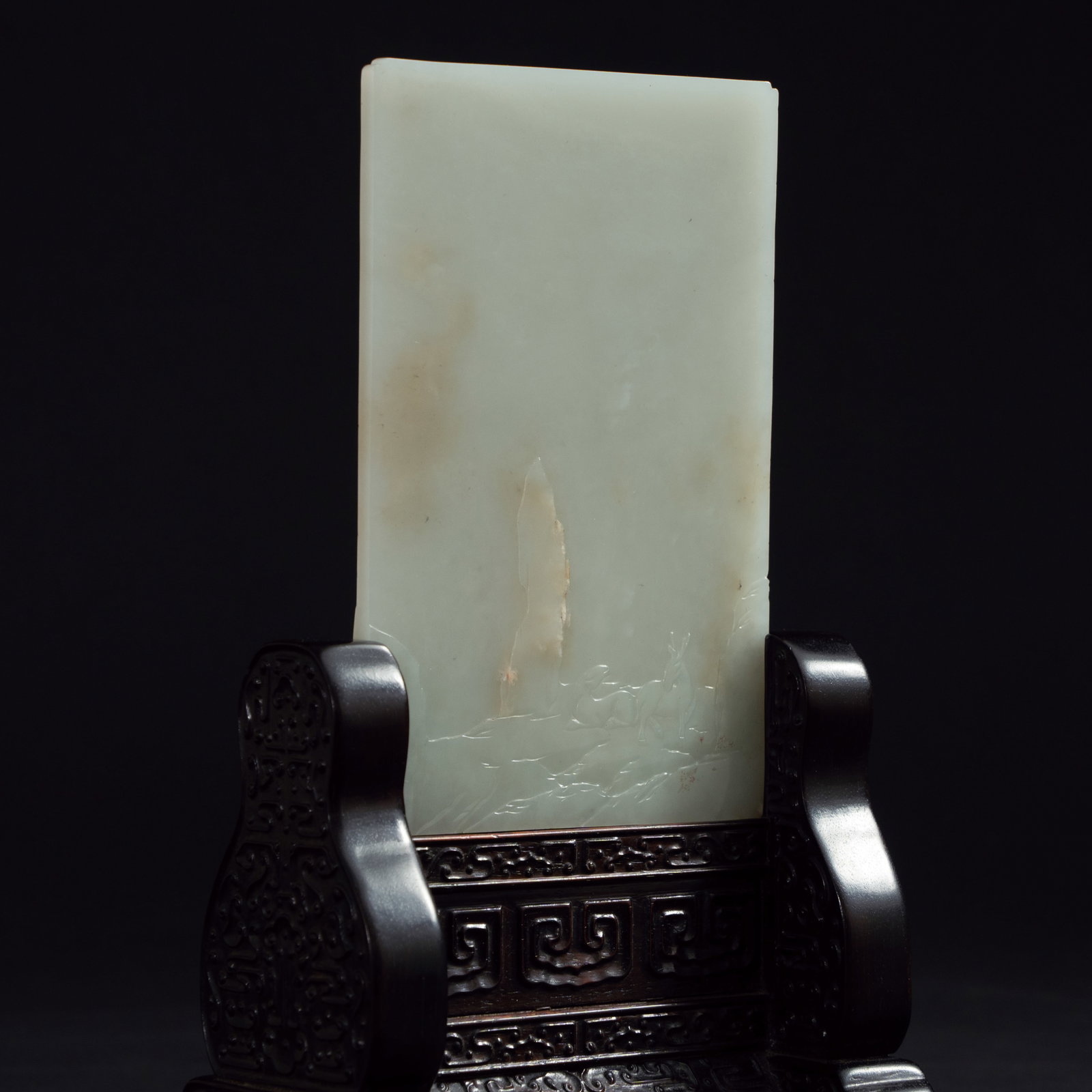 A RARE WHITE JADE 'LANDSCAPE AND POEM' TABLE SCREEN QING DYNASTY, 18TH - 19TH CENTURY 清: A RARE WHITE JADE 'LANDSCAPE AND POEM' TABLE SCREENQING DYNASTY, 18TH - 19TH CENTURY清代 白玉带皮雕山水人物诗文插