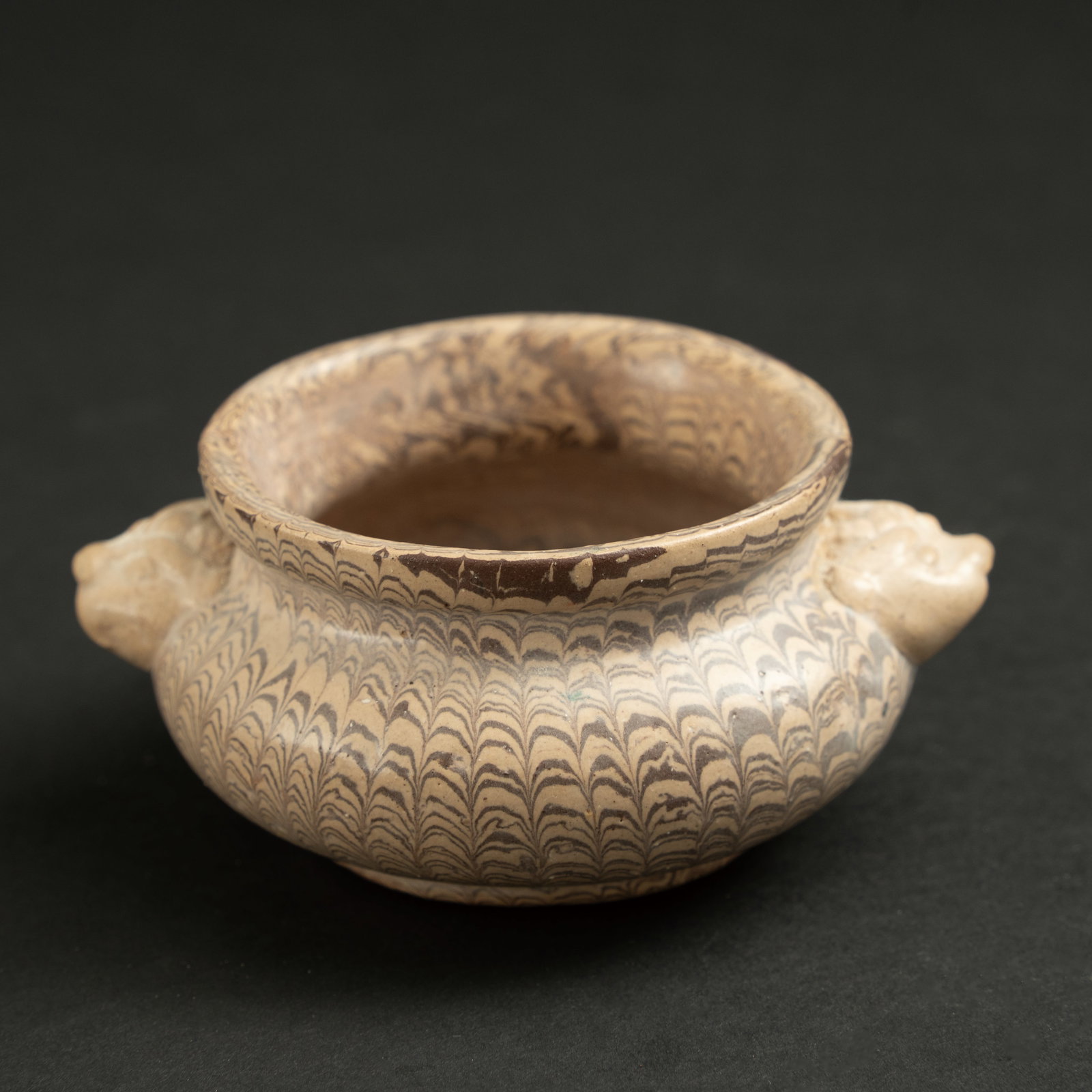 A MARBLED 'LION-MASK' INCENSE BURNER TANG DYNASTY 唐 绞胎双狮耳 (1 of 5)