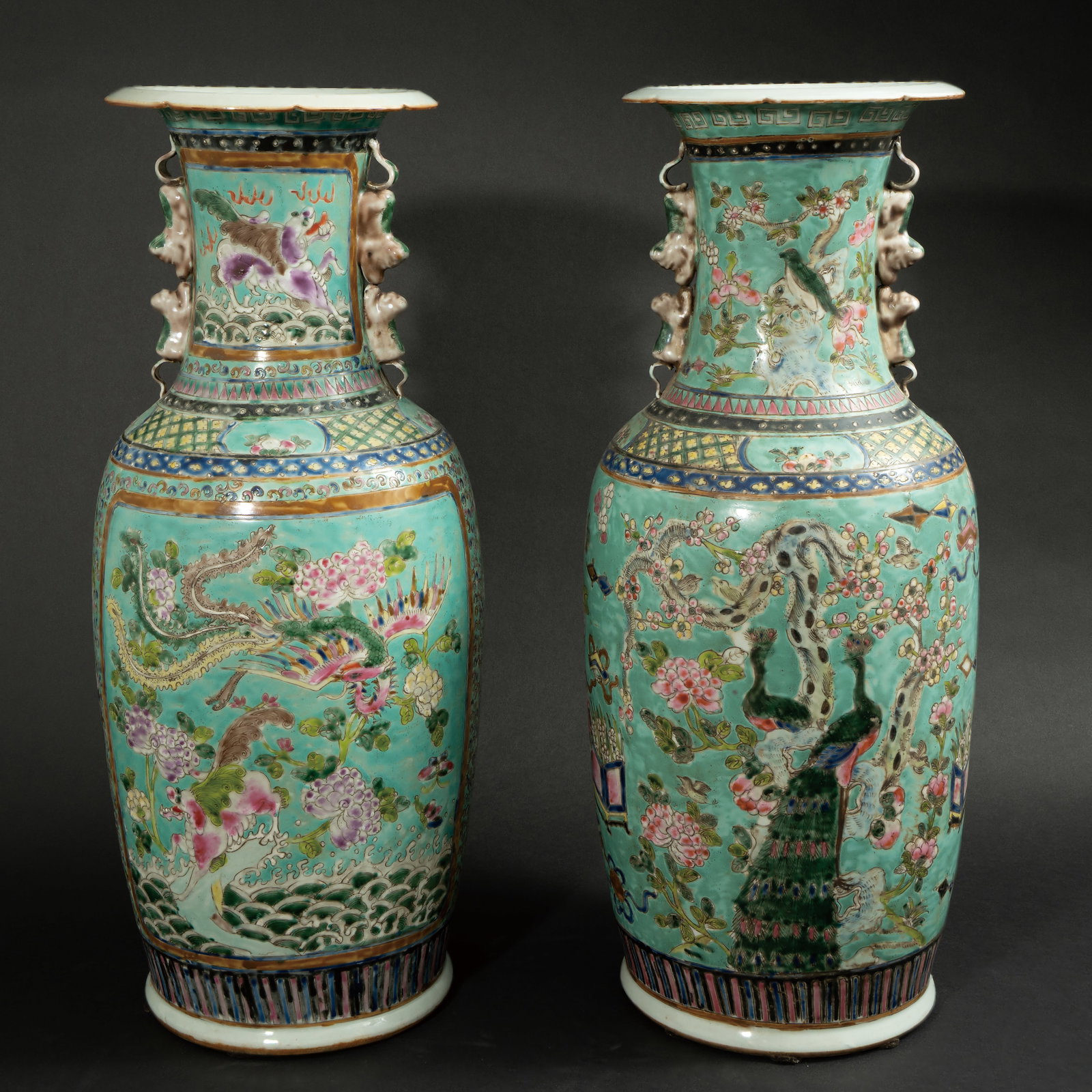 A PAIR OF FAMILLE ROSE TURQUOISE-GROUND 'MYTHICAL BEASTS' VASES TONGZHI PERIOD (1862–1874) (1 of 20)