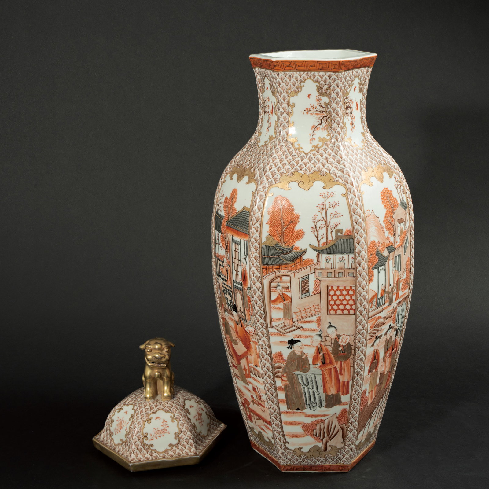 AN IRON-RED AND GILT-DECORATED HEXAGONAL 'FIGURES' VASE AND COVER REPUBLIC PERIOD (1912–1949) (1 of 10)
