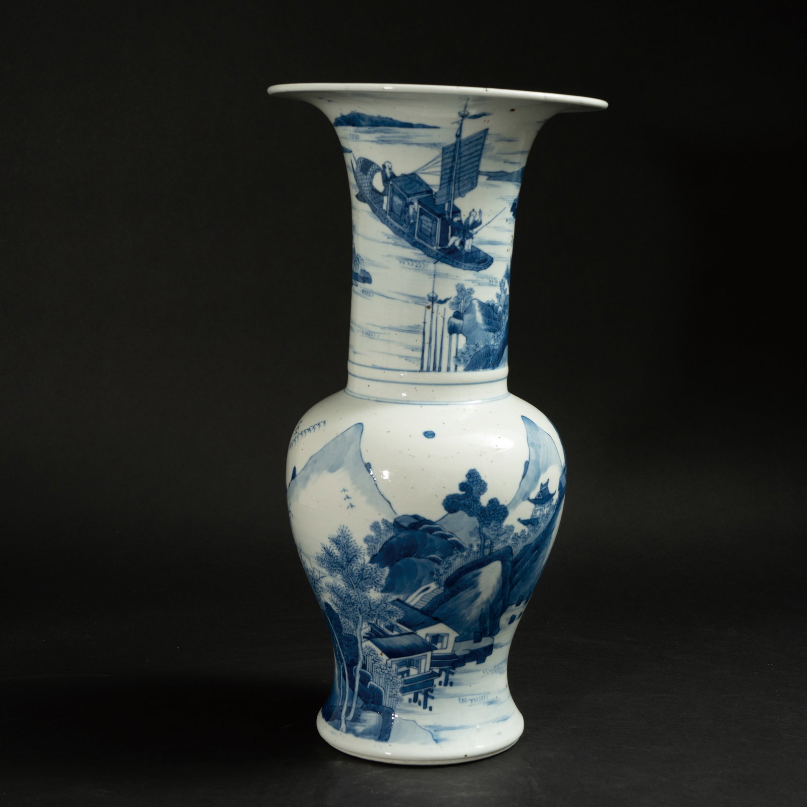 A BLUE AND WHITE 'LANDSCAPE AND FIGURES' PHOENIX-TAIL VASE (FENGWEIZUN) KANGXI PERIOD (1662– (1 of 11)