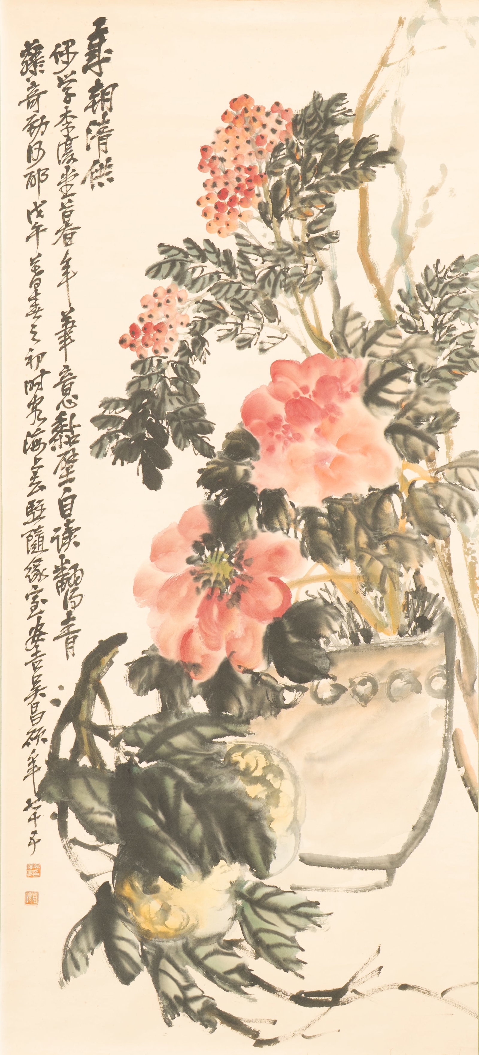 AN INK AND COLOR ON PAPER HANGING SCROLL OF FLOWERS AND FRUIT SIGNED WU CHANGSHUO, DATED WU WU YEAR (1 of 6)