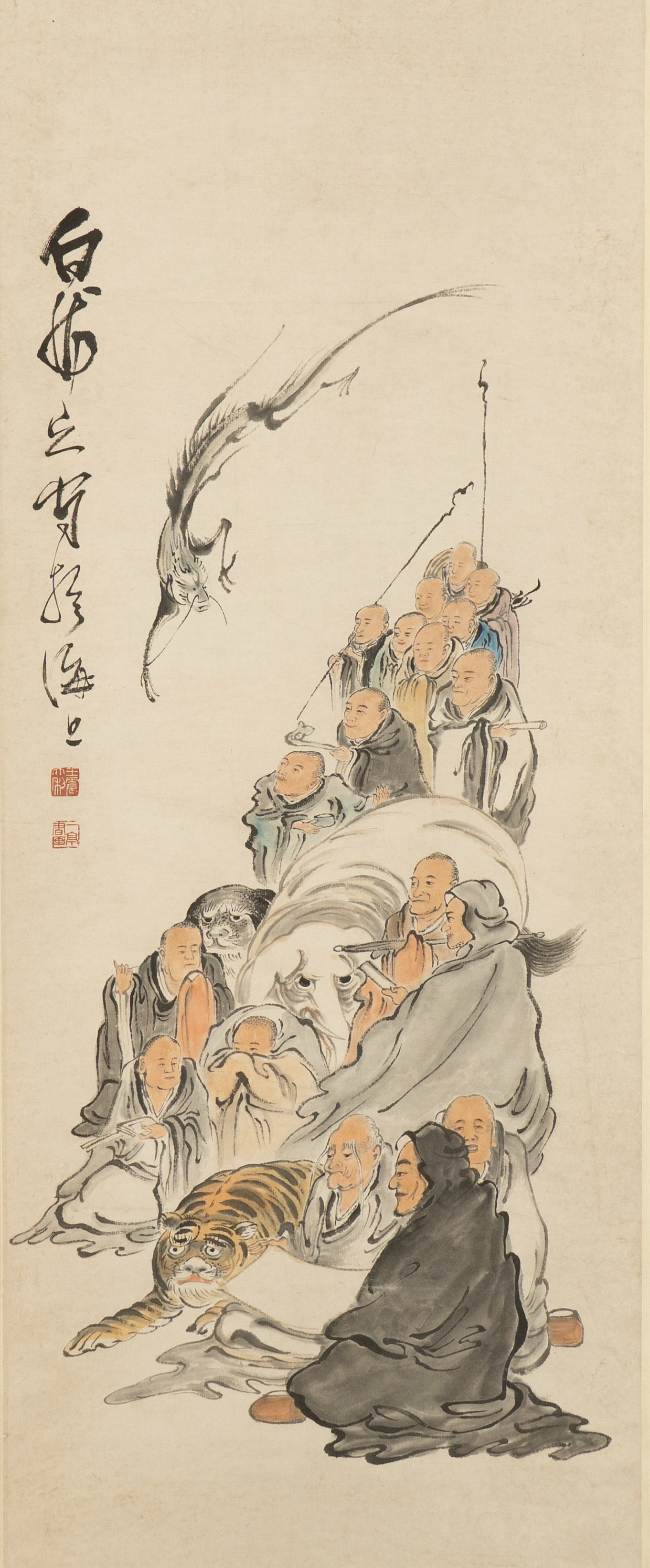 AN INK AND COLOR ON PAPER HANGING SCROLL OF THE EIGHTEEN ARHATS SIGNED WANG ZHEN (BAILONG SHANREN): AN INK AND COLOR ON PAPER HANGING SCROLL OF THE EIGHTEEN ARHATSSIGNED WANG ZHEN (BAILONG SHANREN)王震（白龙山人）