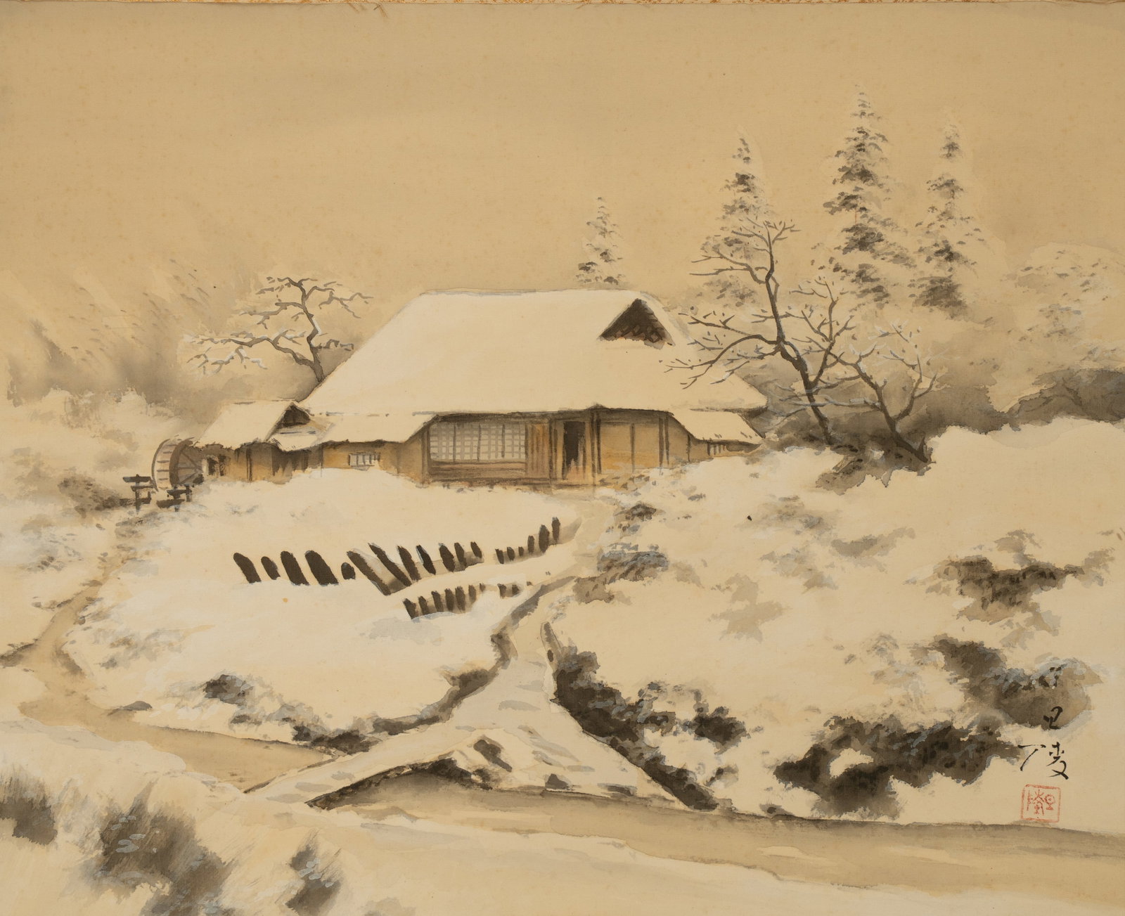 A JAPANESE INK AND COLOR ON SILK HANGING SCROLL OF A WINTER LANDSCAPE SHOWA PERIOD (20TH CENTURY) (1 of 3)
