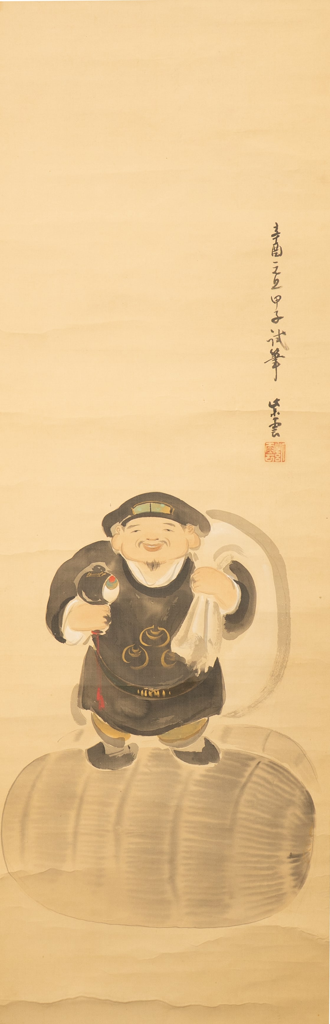 AN INK AND COLOR ON PAPER HANGING SCROLL OF DAIKOKUTEN SIGNED SHIUN, DATED JIAZI YEAR (1924) 紫: AN INK AND COLOR ON PAPER HANGING SCROLL OF DAIKOKUTENSIGNED SHIUN, DATED JIAZI YEAR (1924)紫云 1924年作 大黑天像 设色纸本 ĺ