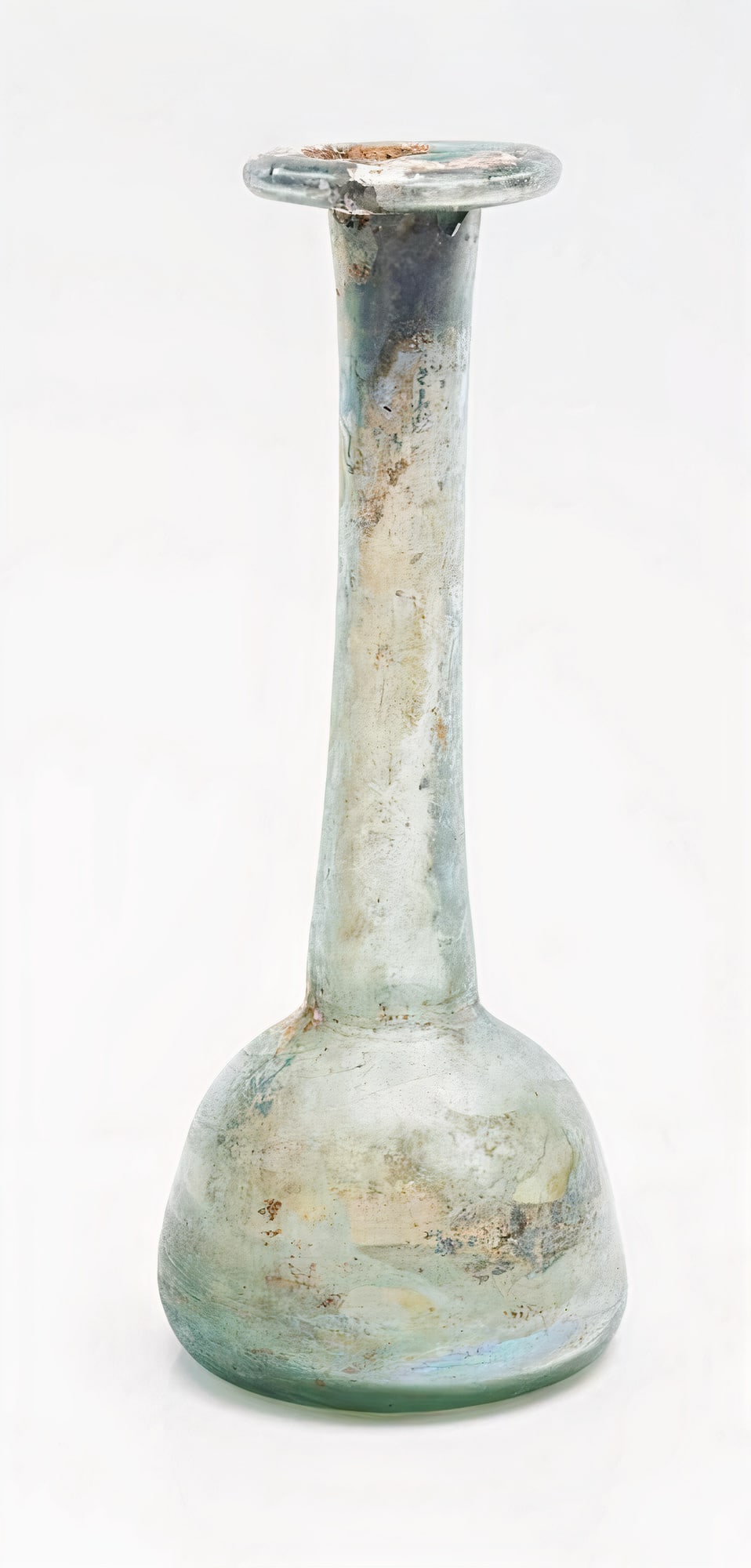 Impressive Long Neck Vessel 3rd- 4th Century CE Standing 20 cm: Impressive Long Neck Vessel 3rd- 4th Century CE Standing 20 cm. Impressive Ancient Roman long neck vessel of translucent glass with areas of iridescence. Choice condition, we note an original chip und