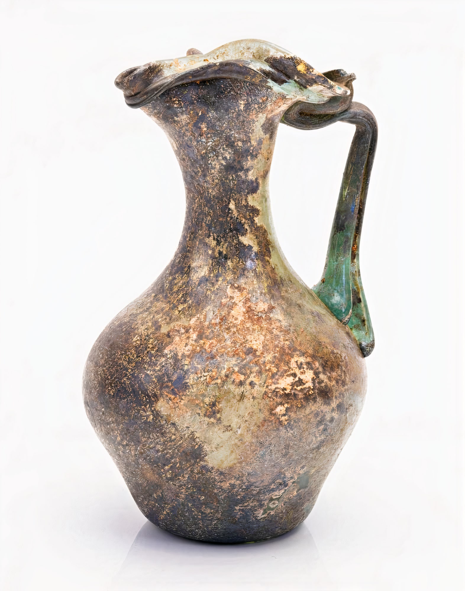 Ancient Roman Trefoil Rim Jug with Nice Detail Under Lip, 11.8 cm: Ancient Roman Trefoil Rim Jug with Nice Detail Under Lip, 11.8 cm. Trefoil rim jug, 3-4th Century CE with a nice detail under the mouth; a single band of glass giving it a bit of interest. A choice ex