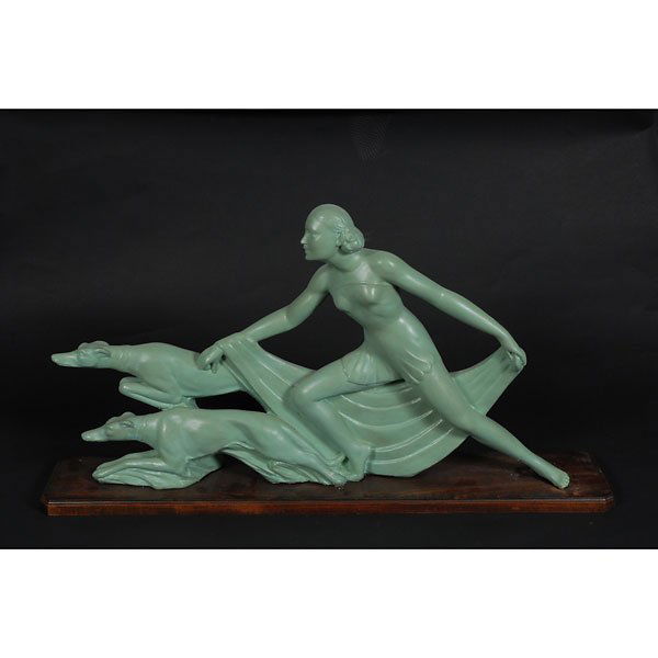 Ceramic green lady statue with 2 greyhound dogs: Ceramic green lady statue with 2 greyhound dogs