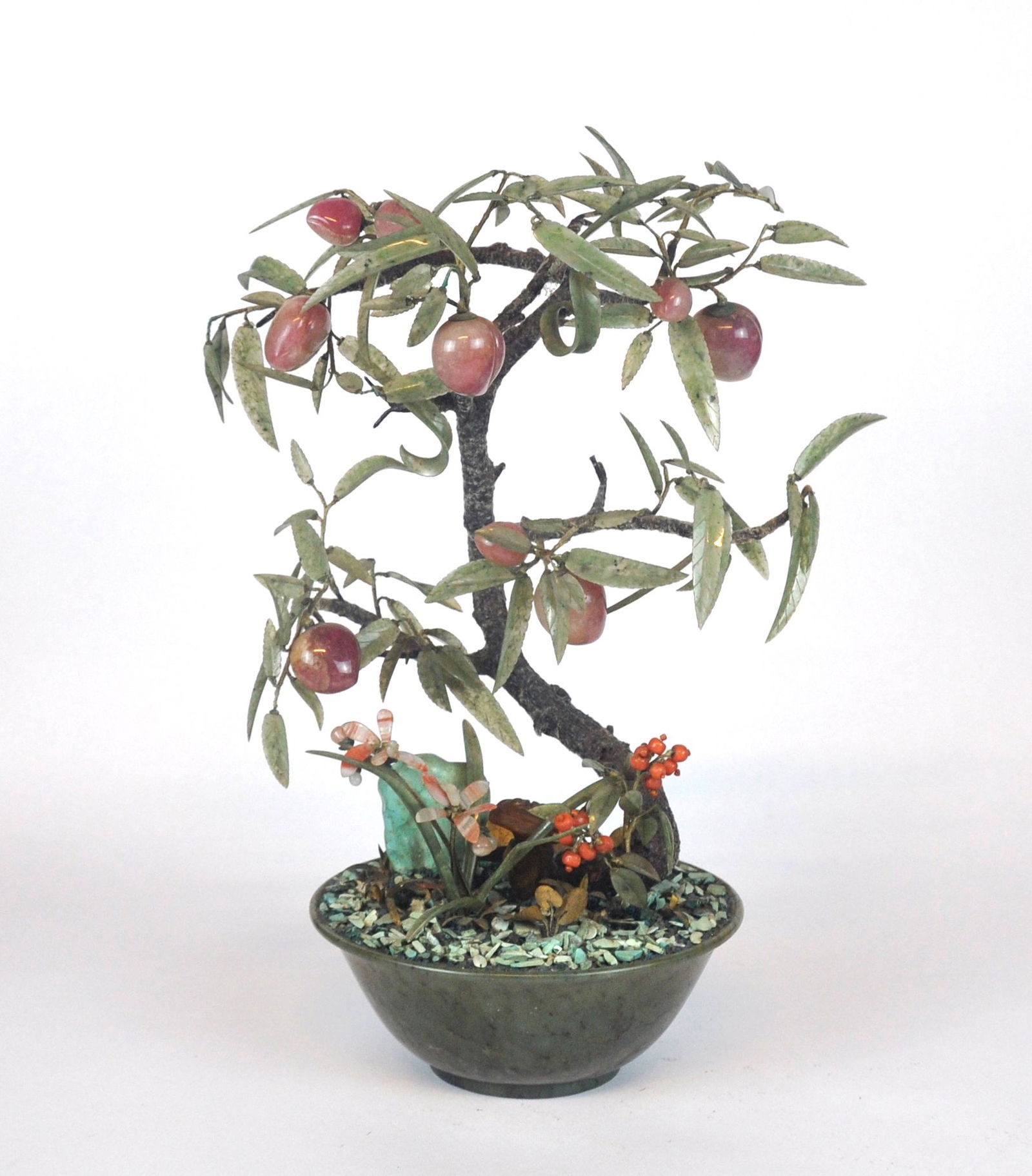 A beautifully crafted Chinese jadeit hardstone plant of peach tree, (1 of 6)