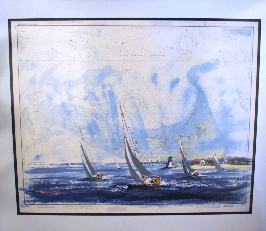 KERRY HALLAM: KERRY HALLAM. Massachusetts/United Kingdom, b. 1937Racing off Nantucket, hand-painted over a map of the island. Signed lower left "Kerry Hallam".Acrylic over a lithographed map. Framed 34 x 40 inches"