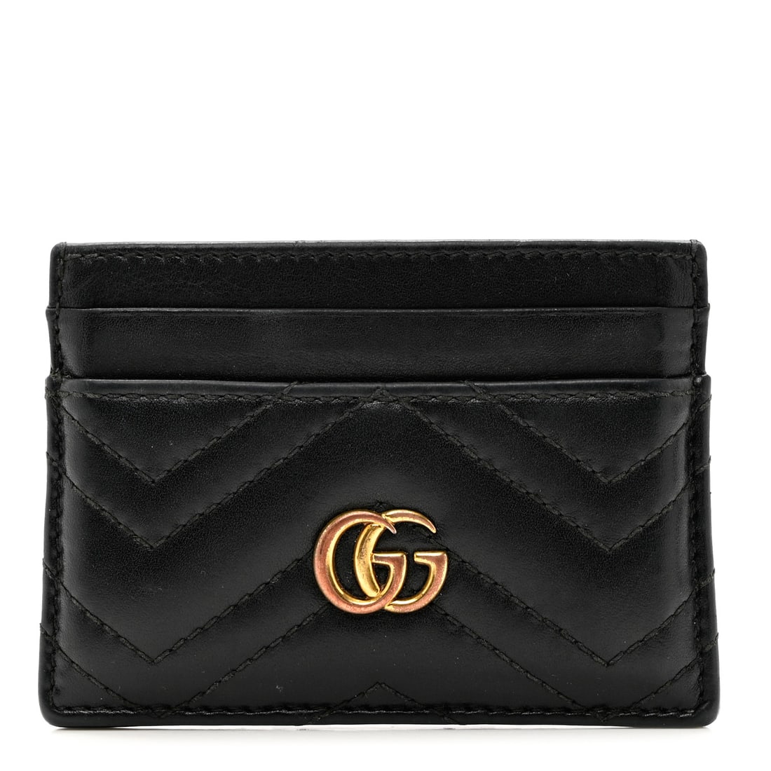 Gucci Black Calfskin Matelasse GG Marmont Card Holder: Experience the epitome of luxury with this authentic Gucci MatelassÃ© GG Marmont Card Holder in black. This sophisticated accessory boasts a soft, chevron-quilted texture, enhanced by the allure of