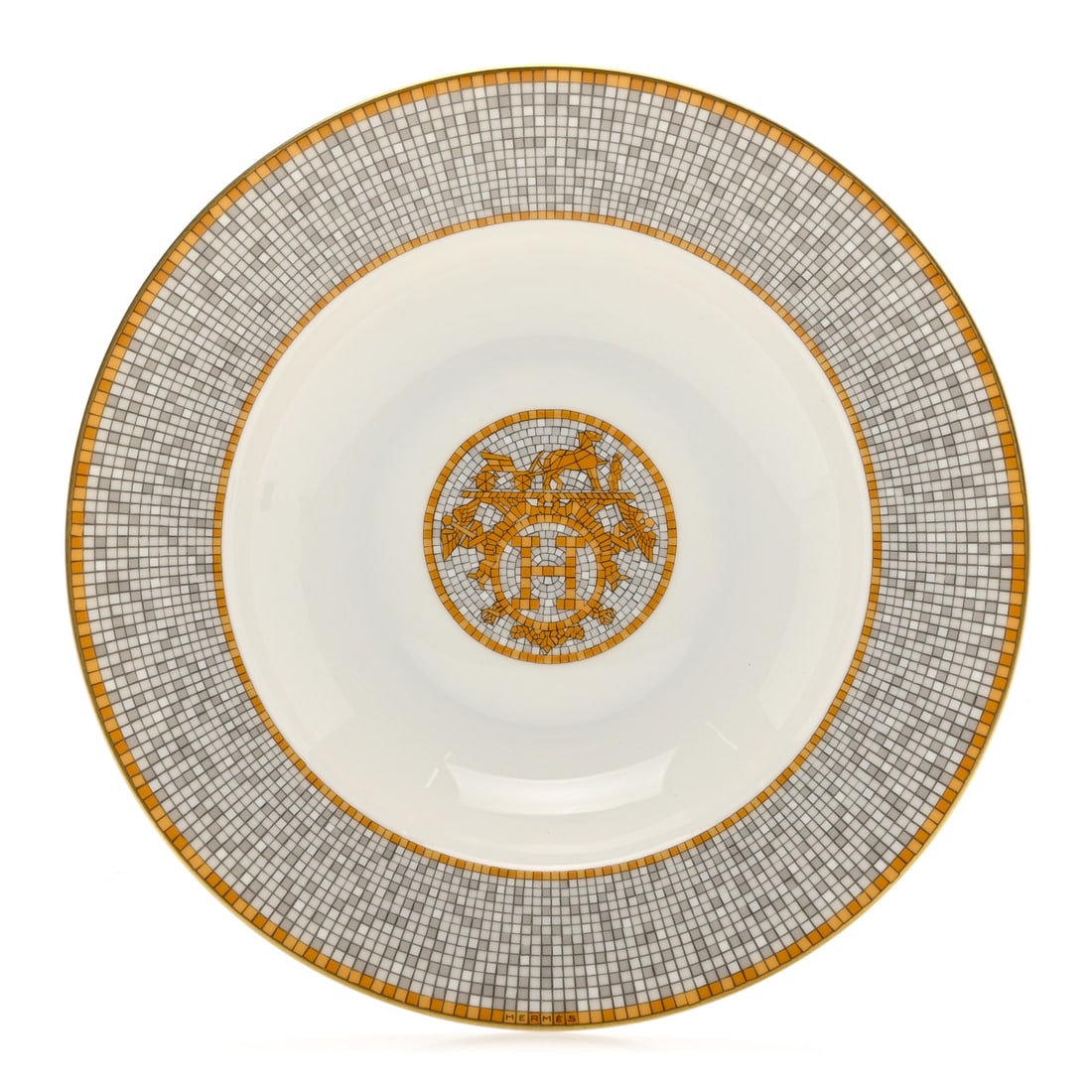 Hermes Gold Porcelain Mosaique Au 24 Soup Bowl: This particular Hermes Gold Porcelain Mosaique Au 24 Soup Bowl is brand new with it's original tags. The 24 karat gold trim is stunningly enhanced and is heightened by the contrasting grayscale motifs