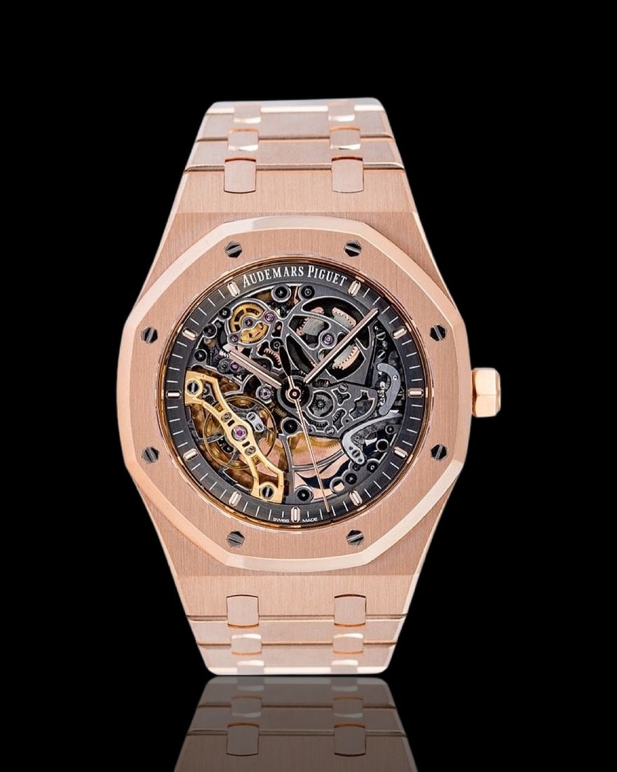 Audemars Piguet Royal Oak Double Balance Wheel Openworked 41mm Rose Gold Skeleton Dial Watch: NEW WITH ORIGINAL TAGS, BOXES, PAPERWORK, AND WARRANTY BOOKLET! The Audemars Piguet Royal Oak Double Balance Wheel Openworked 41mm Rose Gold Skeleton Dial Watch is a symphony of precision, aesthetics,