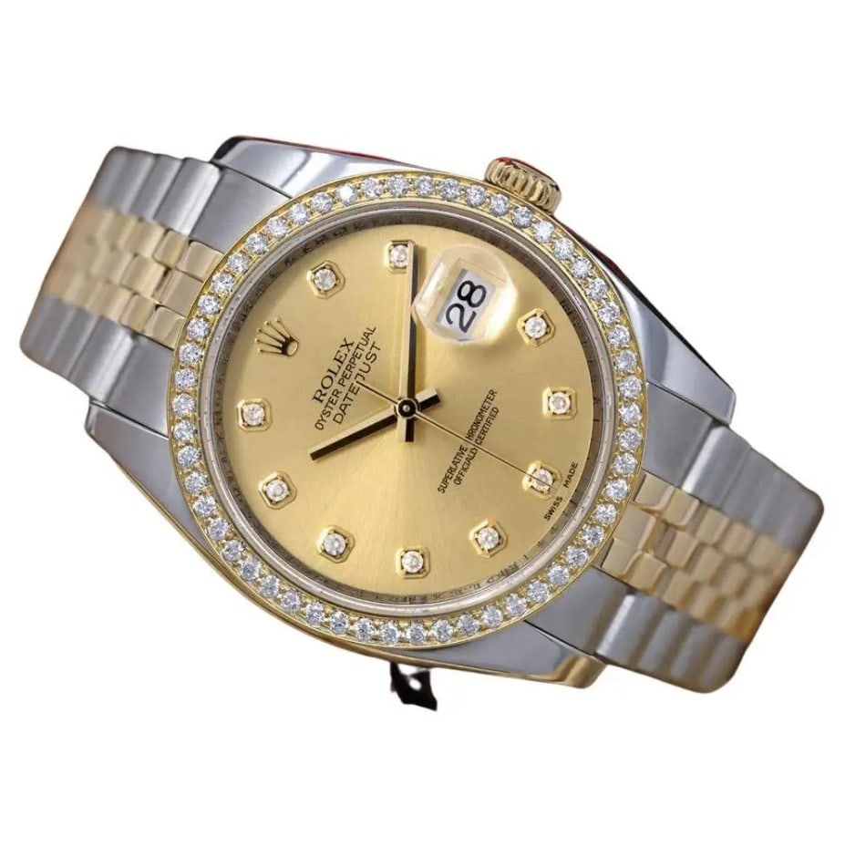 Rolex Oyster Perpetual Datejust 36mm Diamond Bezel: This Rolex Oyster Perpetual Datejust 36mm Two-Tone Champagne Dial Diamond Bezel is in excellent, like new condition and comes with all the original items: exterior and interior boxes, warranty booklet