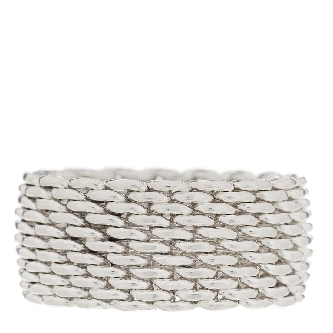 Tiffany & Co. Sterling Silver Sommerset Mesh Ring: This glistening, new without tags, and in the original buttoned mint green Tiffany & Co. jewelry dust bag, this Tiffany & Co Sterling Silver Sommerset Mesh Ring is a size 5 US and also includes a Cert