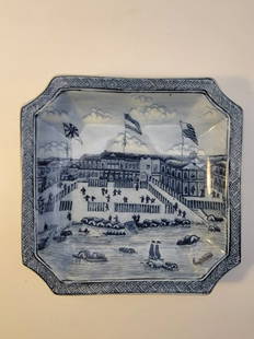 C19 Chinese Export Blue & White "The Hongs at Canton" Square Dish: C19th Chinese export blue & white "The Hongs at Canton" canted square dish, 19cm x19cm. Excellent condition. Depicting the Canton waterfront, flags flying above the British, Dutch and American hongs,
