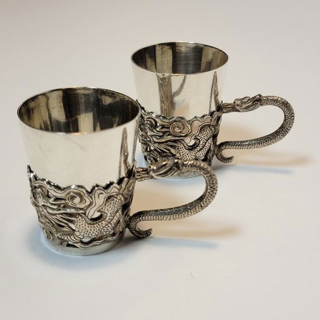 Pr rare Chinese Export Silver Cup Holders & Inserts by Luen Hing, Shanghai, c.1910 (1 of 7)